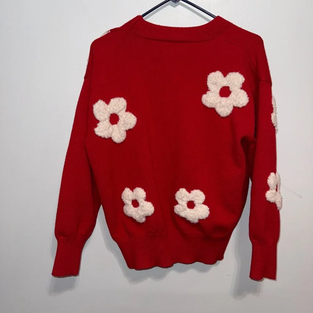 Red Button-Up Cardigan With White 3D Floral Design By Cider Long Sleeves Size M - Picture 6 of 6